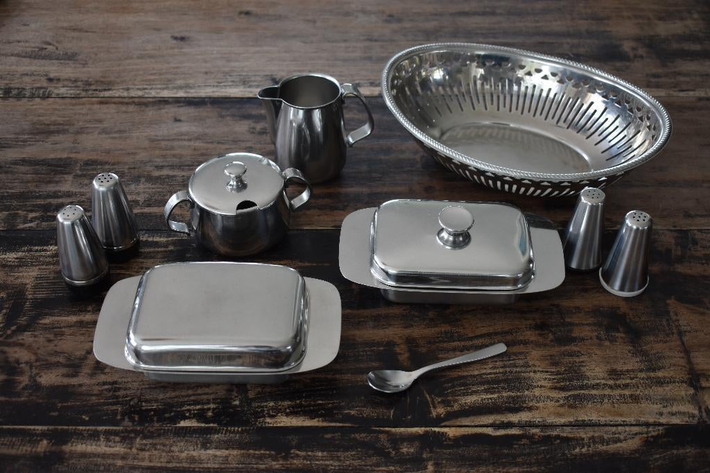 Alessi 2x botervloot 2x peper zout suiker melk Mercurio mand, Huis en Inrichting, Keuken | Keukenbenodigdheden, Ophalen of Verzenden