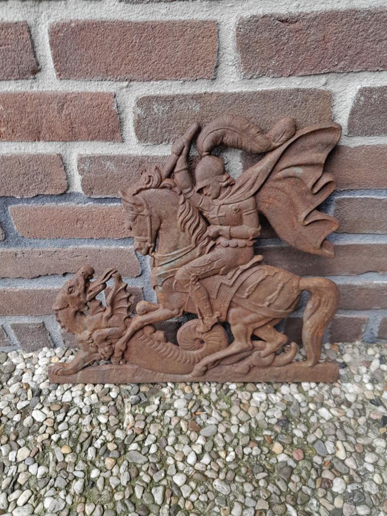 Gietijzeren ornament St. Joris en de draak., Tuin en Terras, Tuinwanddecoratie, Ophalen of Verzenden, Gebruikt