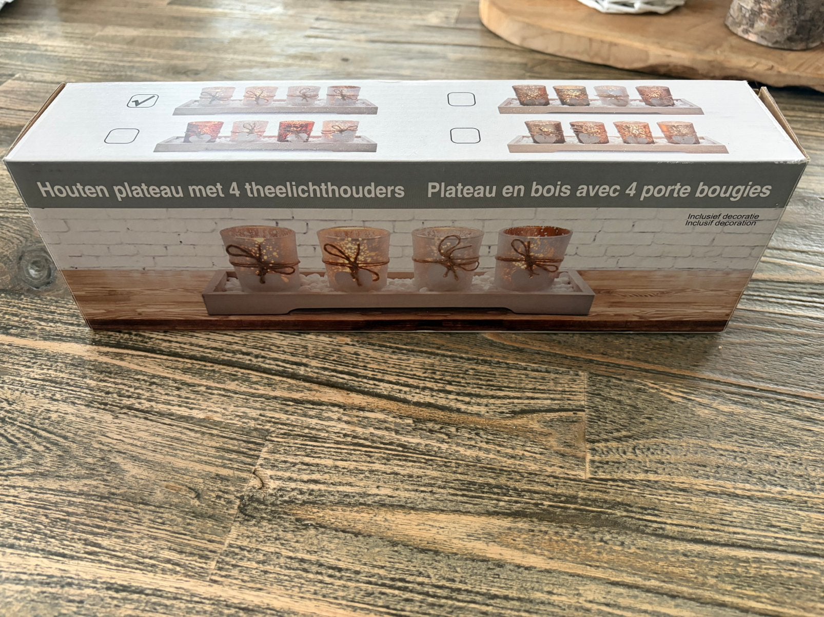 Houten plateau met 4 theelichthouders, Ophalen, Zo goed als nieuw