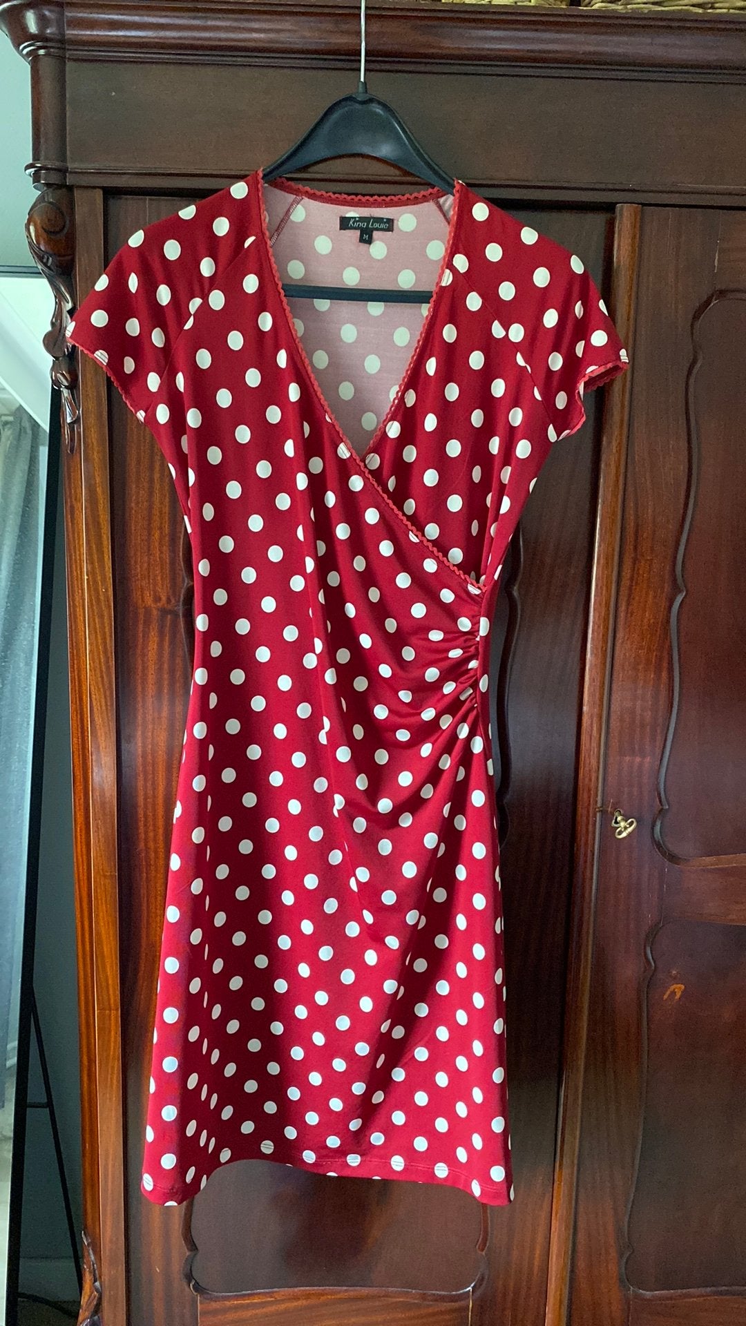Polkadot jurk, rood, king louie, m, Maat 38/40 (M), Ophalen of Verzenden, Zo goed als nieuw, Knielengte