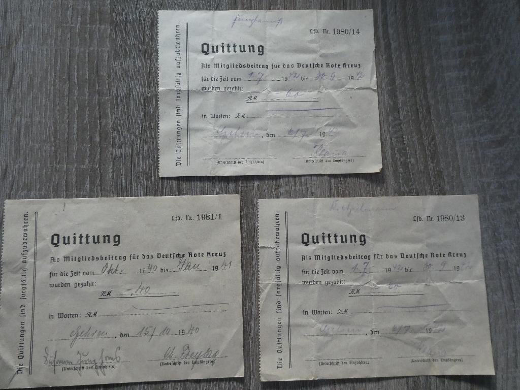 3 Quittungs Duitse rode kruis, Verzamelen, Militaria | Tweede Wereldoorlog, Ophalen of Verzenden, Overige soorten, Duitsland, Overige typen