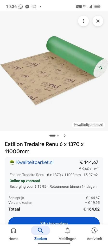 6 rollen Renu ondertapijt 90 m2 !, Huis en Inrichting, Stoffering | Vloerbedekking, Ophalen