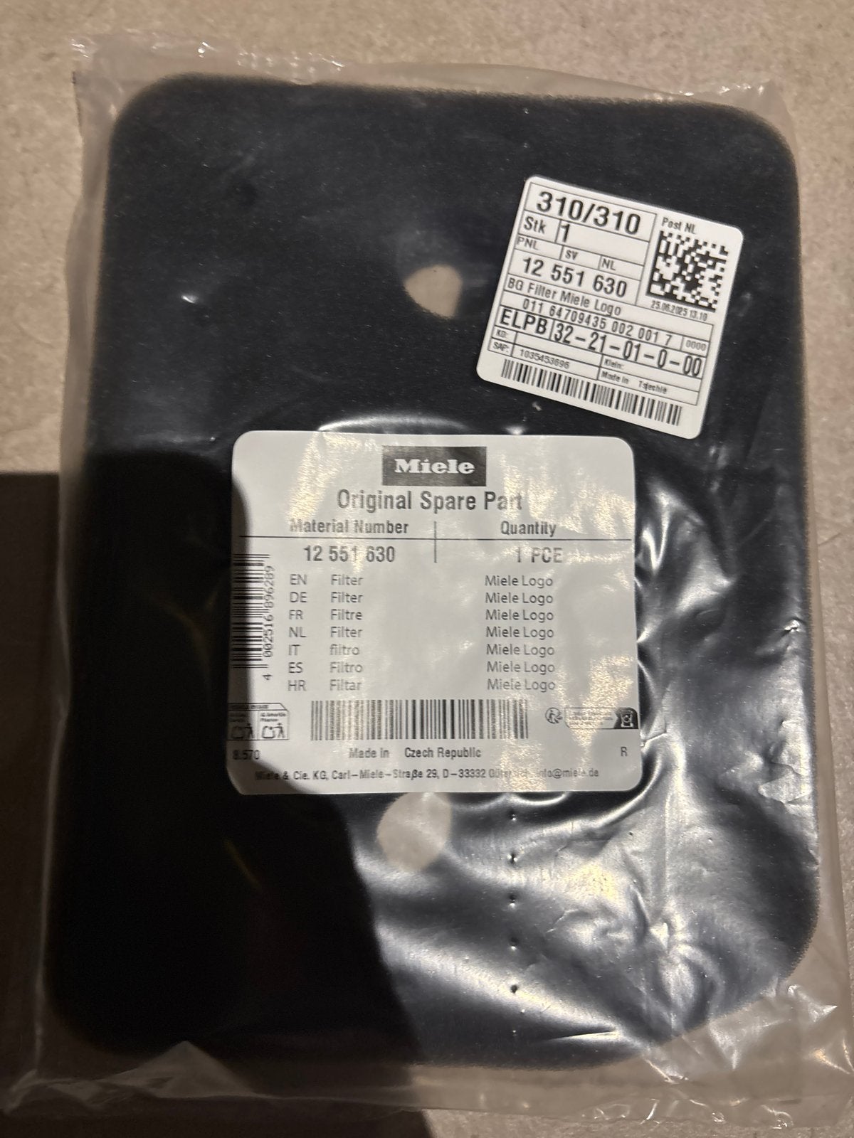 Miele Origineel Onderdeel Filter 12551630, Ophalen of Verzenden, Nieuw