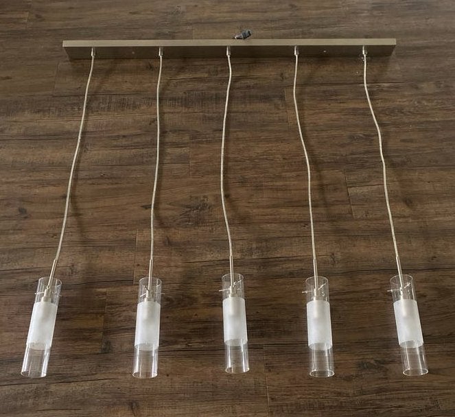 Moderne hanglamp met 5 glazen cilinders, Ophalen, Zo goed als nieuw, Glas, Overige fittingen