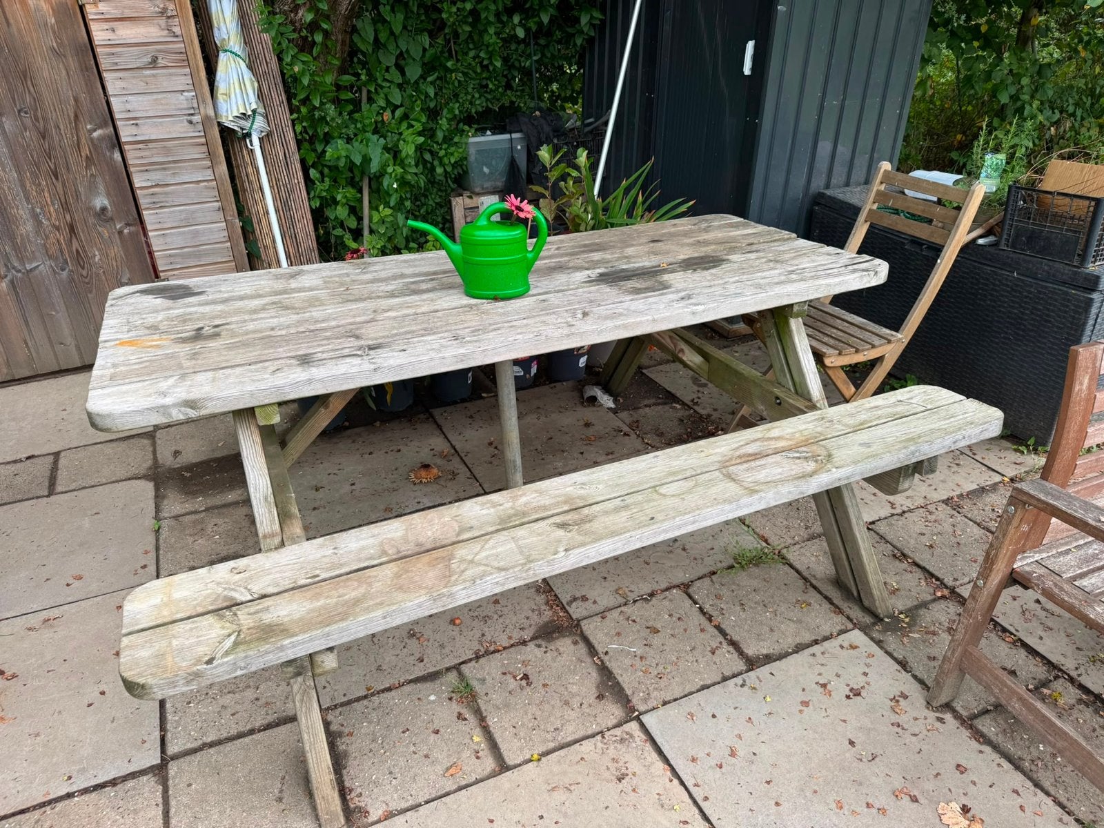 Houten picknicktafel met uitklapbare bankjes, Ophalen, Gebruikt, Inklapbaar, Rechthoekig