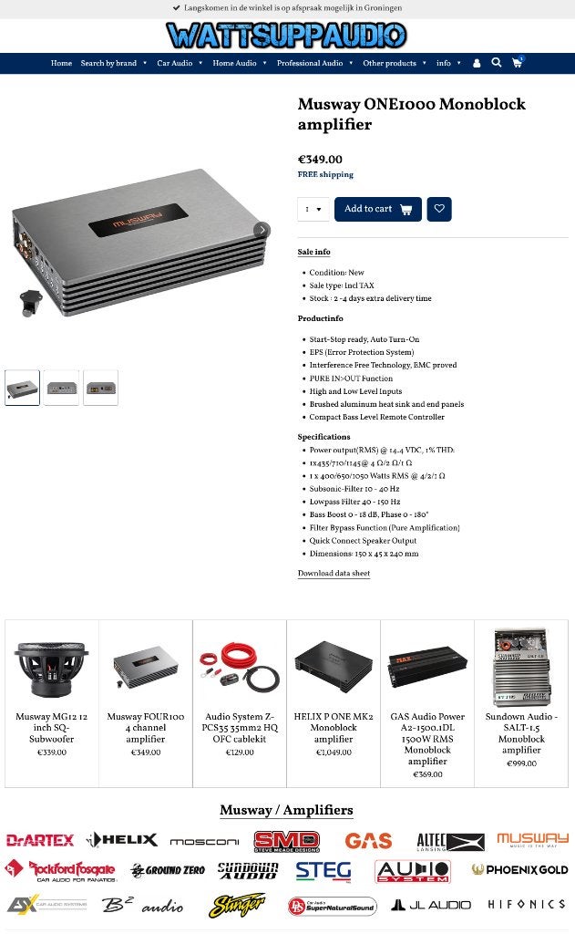 Musway ONE1000 Monoblok versterker, Audio Design, Nieuw, Am Breilingsweg 3, 76709 Kronau, Duitsland, Ophalen of Verzenden