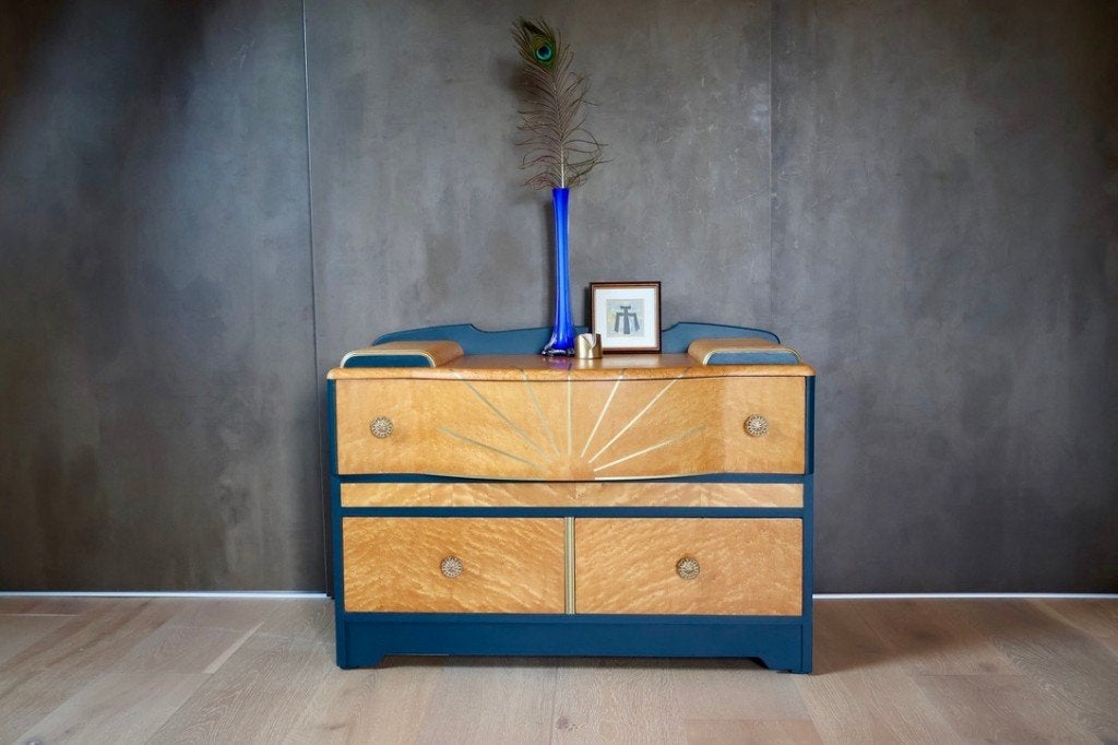 Art Deco ladekast / commode – birdseye maple – gerestaureerd, Ophalen, 50 tot 100 cm, Zo goed als nieuw, Art deco, vintage