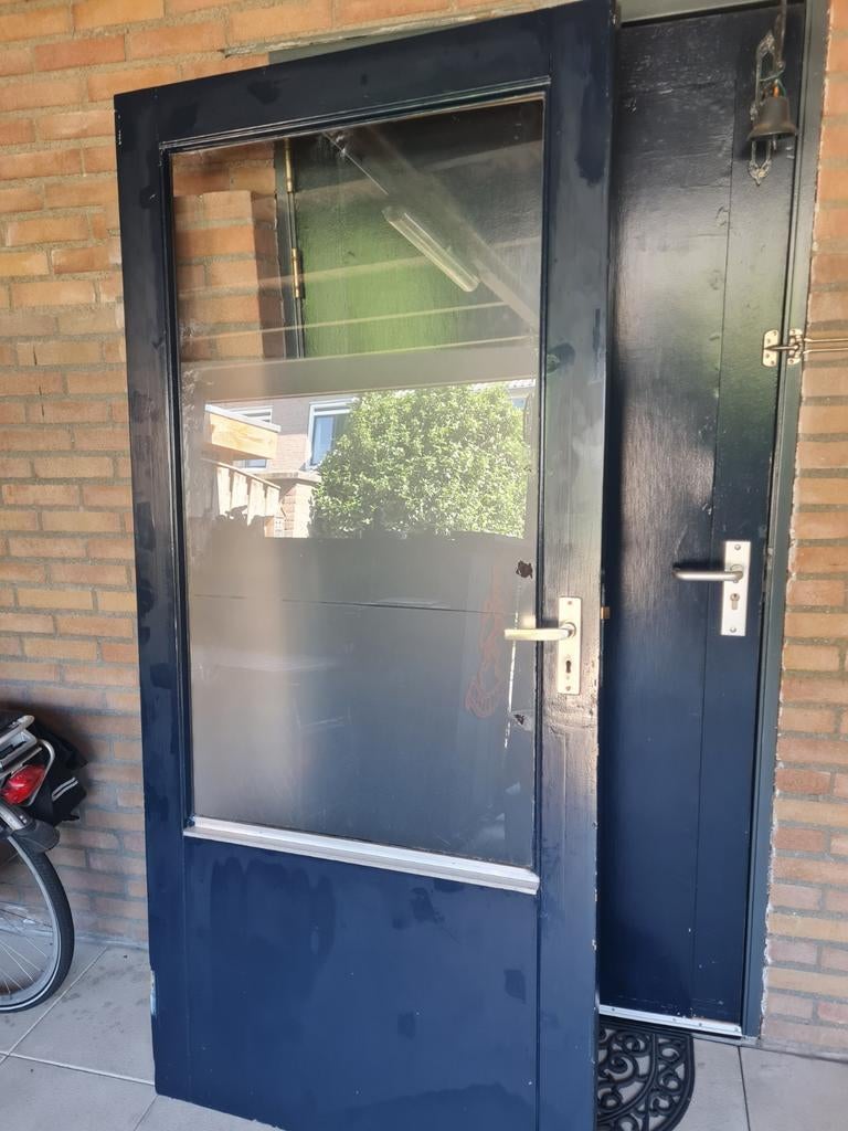Buitendeur met glas - Donkerblauw, Ophalen, Gebruikt, 80 tot 100 cm, Buitendeur
