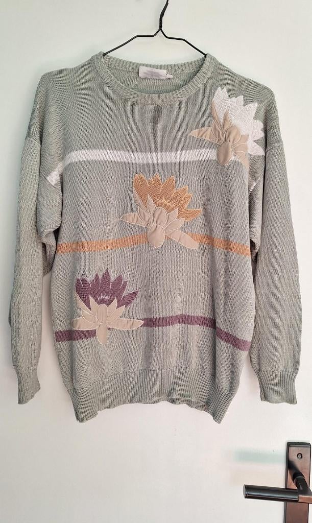 Gebreide trui - pastelgroen - retro - bloemen - small, Kleding | Dames, Ophalen of Verzenden, Maat 36 (S), Toplady, Gedragen