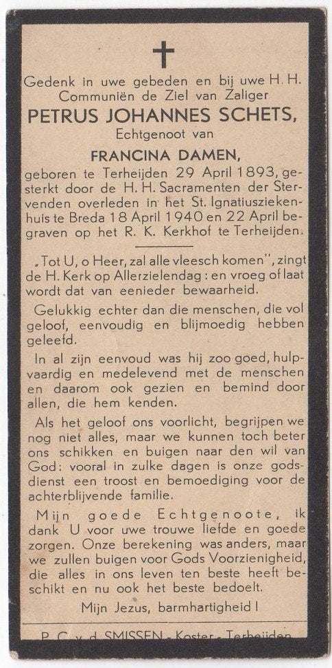 Petrus Johannes Schets 1893 Terheijden + 1940 Breda, 46 jaar, Verzenden