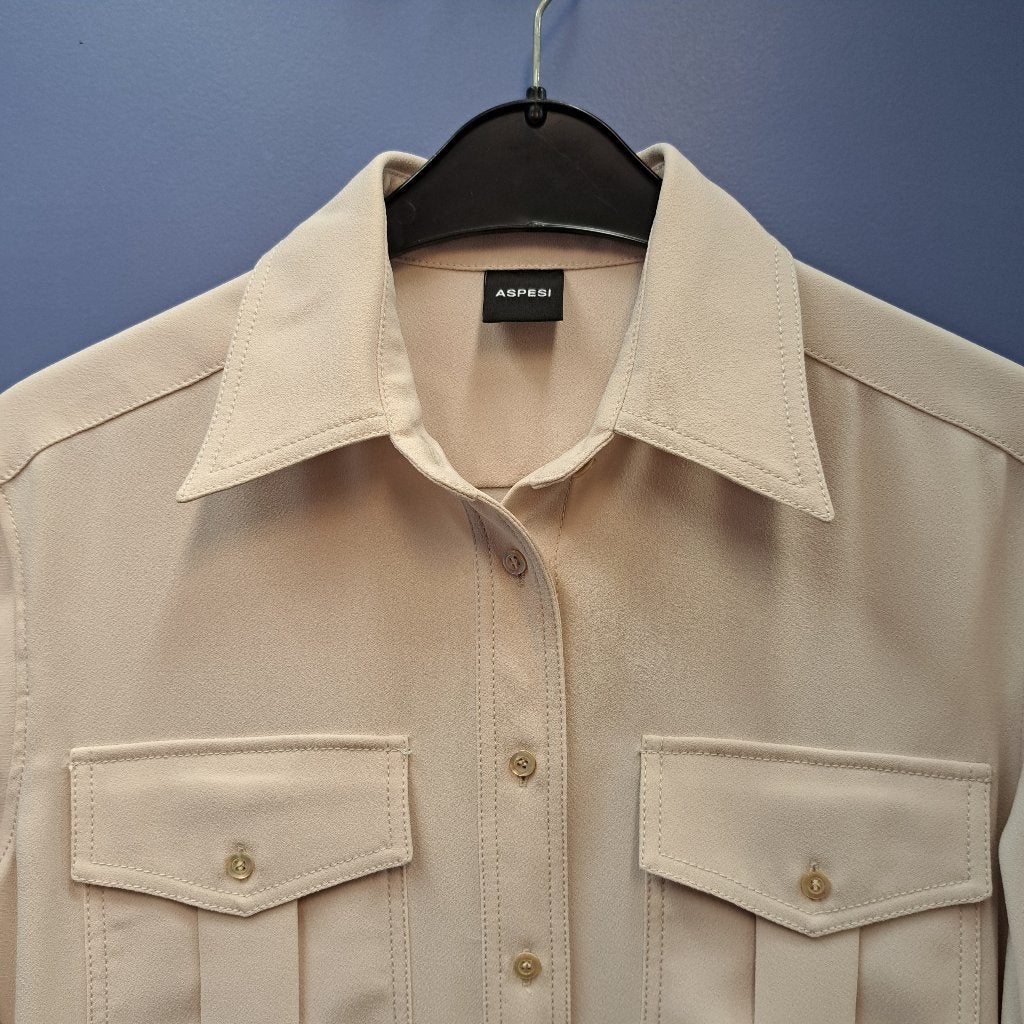 Aspesi blouse creme tint met blauwe strikmanchetten 36 50519, Aspesi, Aspesi, ., Beige