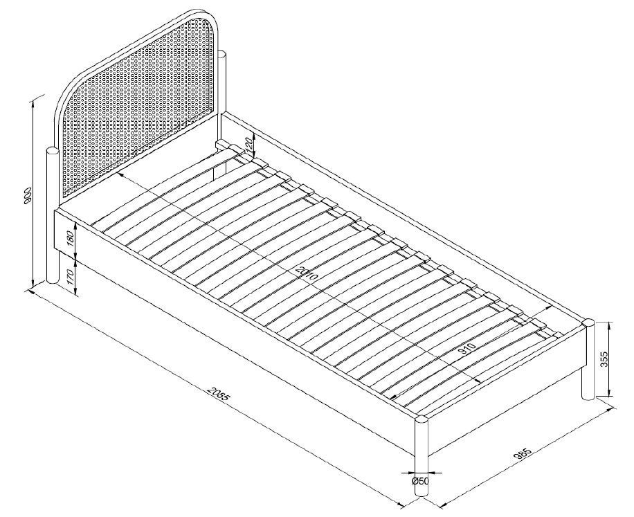 Olive 1-persoonsbed rotan - 90x200 - Massief eiken, Niet ingevuld, Niet ingevuld, Niet ingevuld