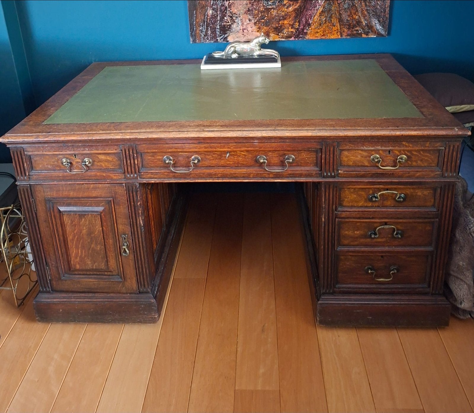 Antiek Eiken Bureau met Groen Leren Blad, Antiek en Kunst, Ophalen