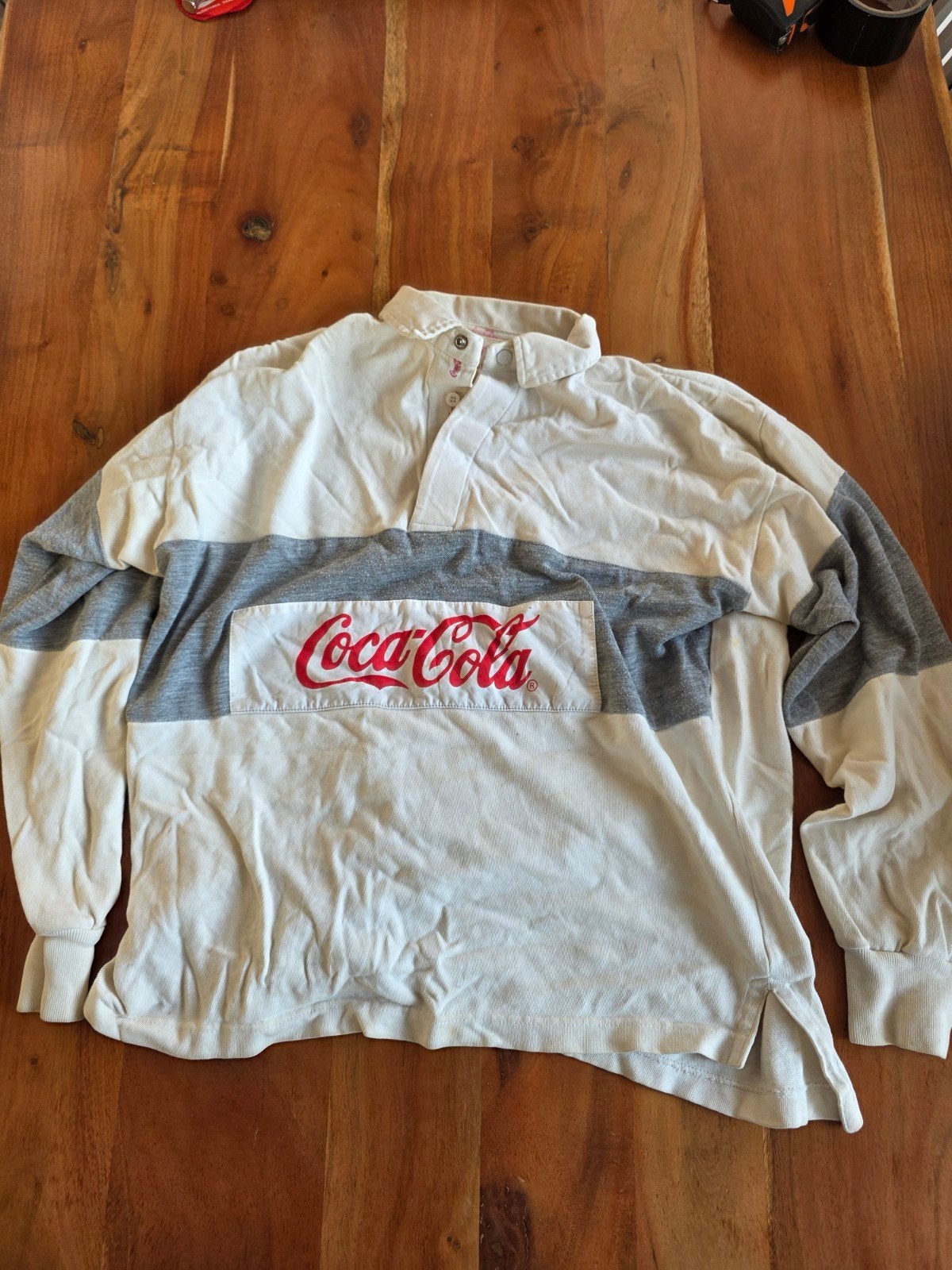 Vintage Coca-Cola Rugbyshirt - Crème/Grijs, Maat 52/54 (L), Meerkleurig, Coca-Cola, Ophalen of Verzenden