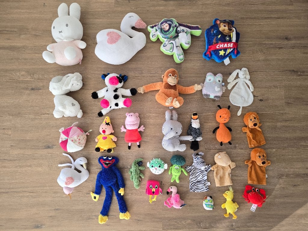 Pakket van 29 knuffels (o.a. Nijntje, PAW Patrol, Bumba), Gebruikt, Overige merken, Met geluid, Overige karakters