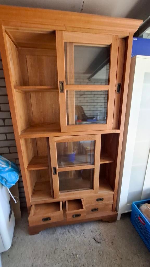 Massief houten kast met schuifdeuren en lades, Ophalen, Gebruikt, 200 cm of meer, 25 tot 50 cm