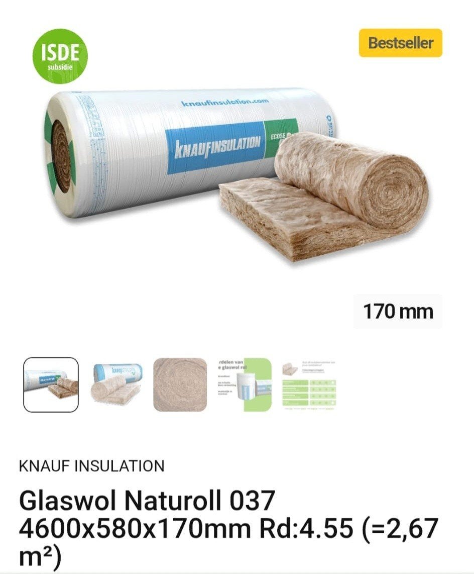 Twee rollen glaswol voor €10,-, Ophalen, Glaswol, 12 cm of meer, 15 m² of meer