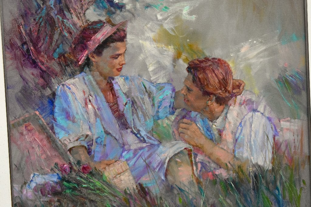 Paul Rouwette,olieverf op linnen, stelletje in het gras., Ophalen, Doek, Portret of Personen, Gesigneerd