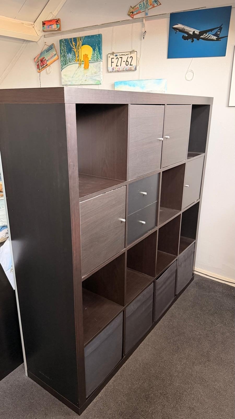 IKEA Kallax kast met inzetstukken en bureau 147 x 147 cm, Ophalen, Gebruikt, 100 tot 150 cm, 100 tot 150 cm