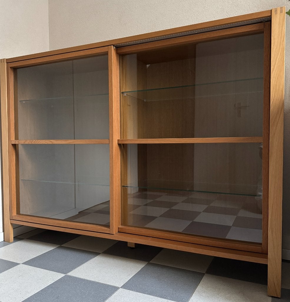 eiken | eiken fineer vitrine kast (schuifdeuren), Ophalen, 100 tot 150 cm, Zo goed als nieuw, 150 tot 200 cm
