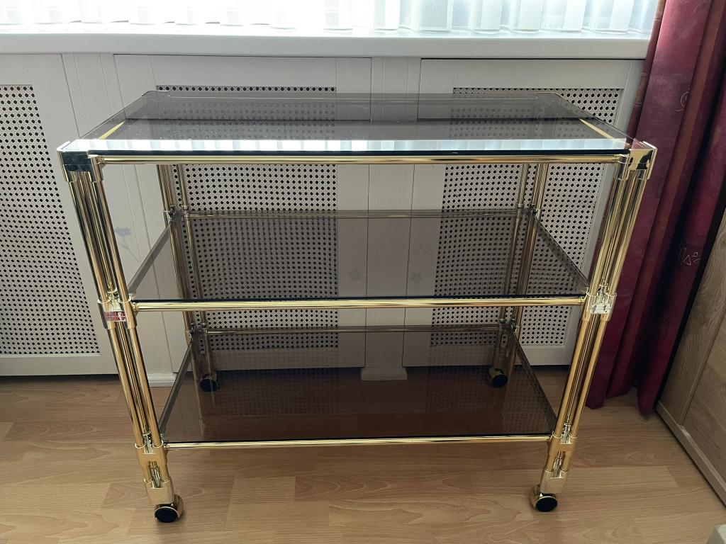 Prachtige etagière - trolley met rookglas sidetable wieltjes, Ophalen, Gebruikt