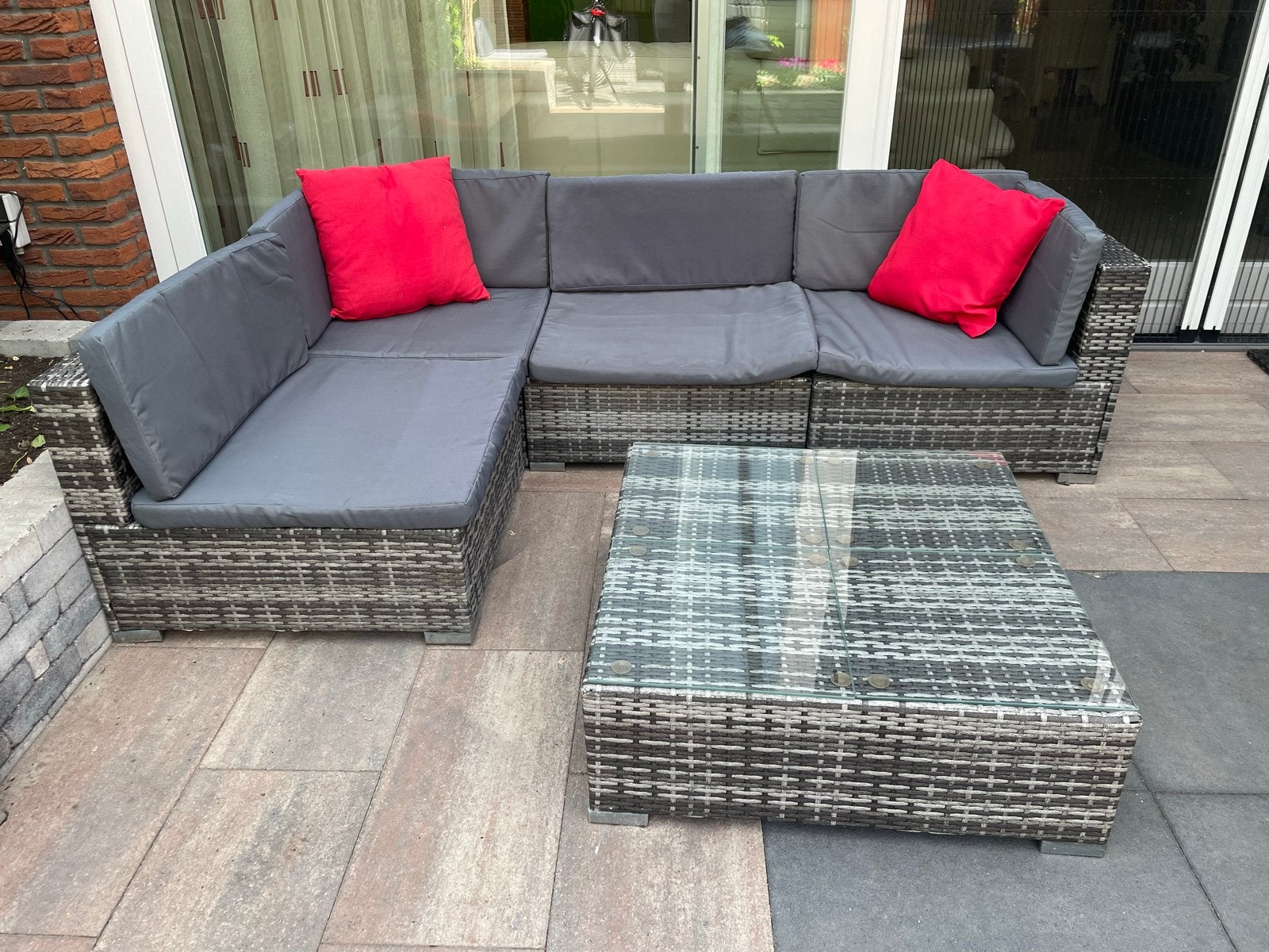 Complete Wicker Loungeset met Tafel en Kussens, Tuin en Terras, Tuinsets en Loungesets, Ophalen, Gebruikt, Meer dan 8 zitplaatsen