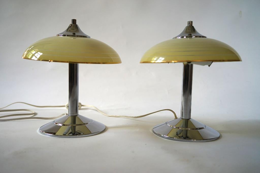 vintage duo tafellamp chroom metaal glas art deco stijl, Ophalen of Verzenden, Zo goed als nieuw, Glas