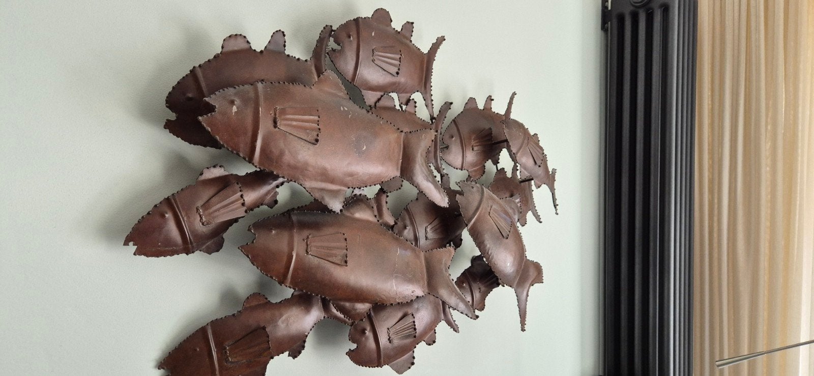 Metalen wanddecoratie vissen school - Maritieme kunst, Handgemaakt, Wanddecoratie, Zeeleven, Bruin