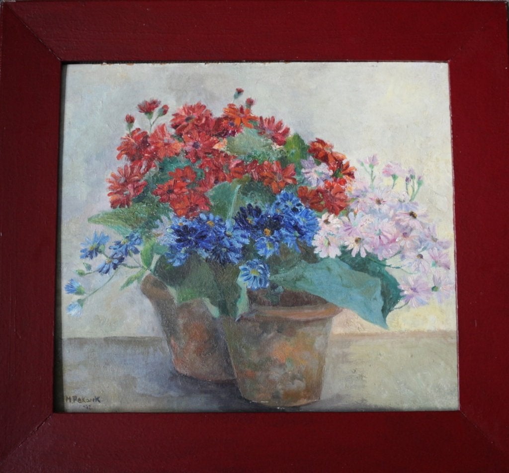 Maria Pekarek, olieverf op board, uit 1942, bloemstilleven., Bloemen, Paneel, Ophalen of Verzenden, Olieverf
