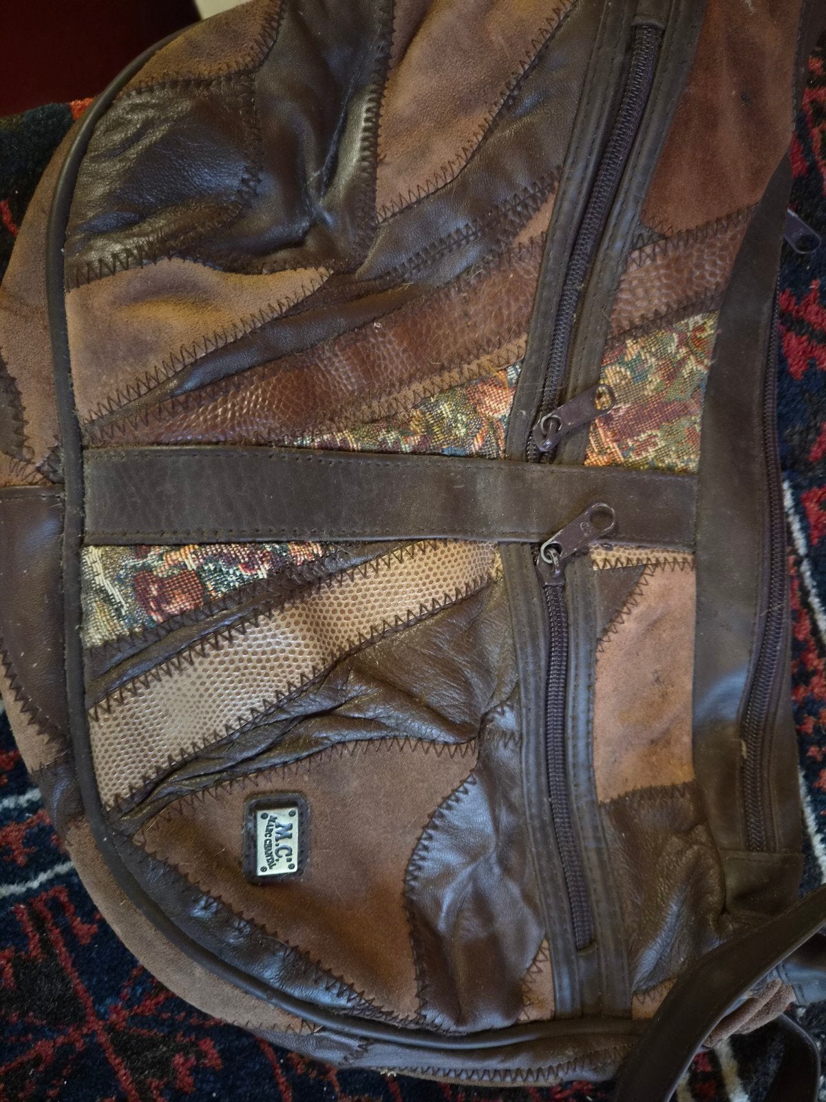 Vintage Patchwork Leren Schoudertas Bruin, Ophalen of Verzenden, Gebruikt, Bruin, Schoudertasje