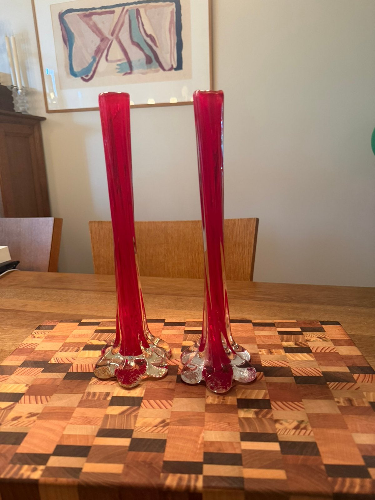 2 Vintage Muranostyle Soliflorvazen Rood, Italie Jaren '70, Huis en Inrichting, Woonaccessoires | Vazen, Ophalen of Verzenden
