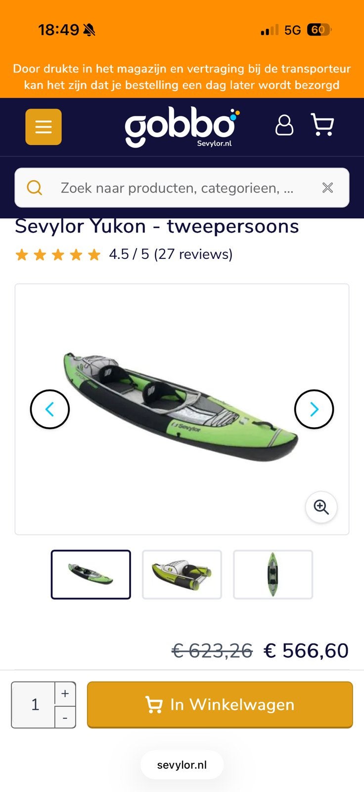 Sevylor Yukon Opblaasbare Kajak, Watersport en Boten, Kano's, Ophalen, Zo goed als nieuw, Twee personen, Kajak