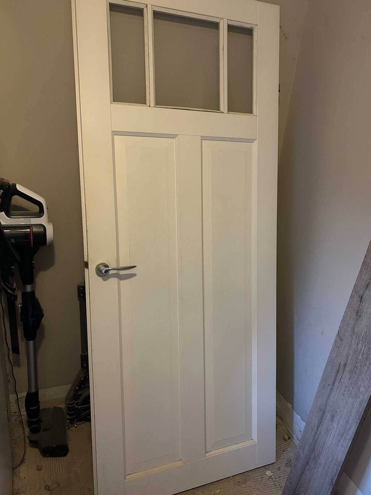 Witte binnendeur met glaspanelen en klink, Gebruikt, 80 tot 100 cm, Binnendeur, Ophalen of Verzenden