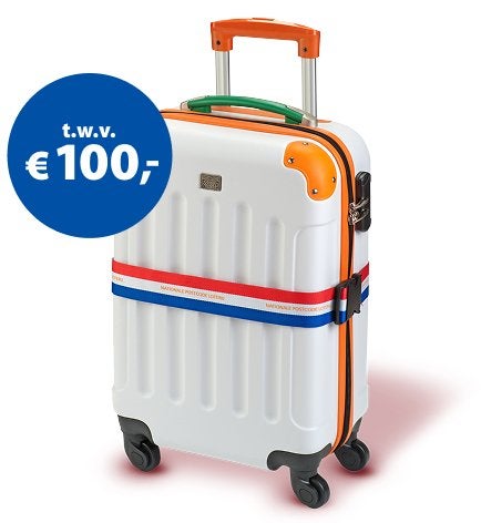 Witte postcodeloterij koffer met oranje accenten en wieltjes, Gebruikt, 50 tot 60 cm, Hard kunststof, Ophalen of Verzenden