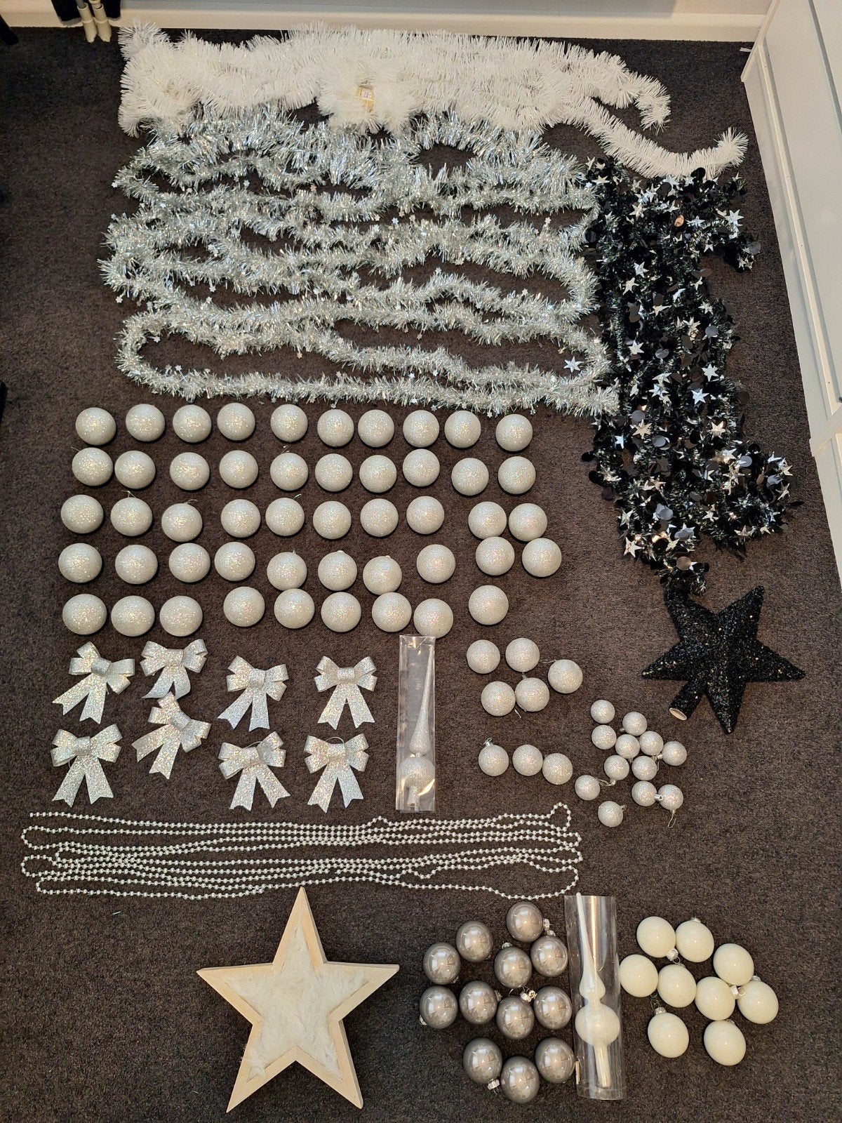 50x zilveren glitter kerstballen, slingers, piek etc., Ophalen of Verzenden