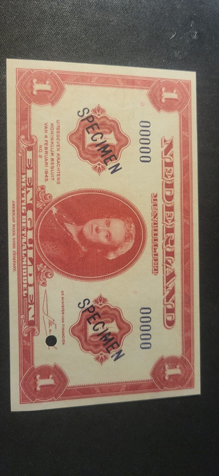 1 Gulden Nederlands Indië SPECIMEN 1943, Ophalen of Verzenden, 1 gulden, Los biljet