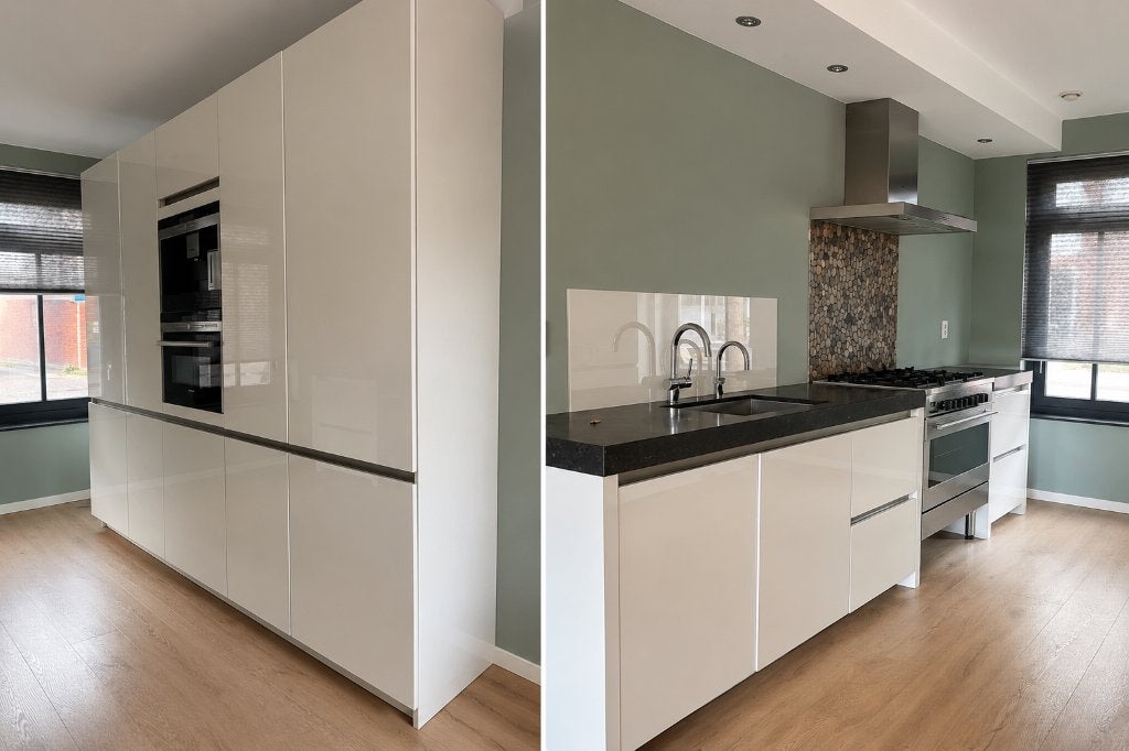 ✨KVIK HOOGGLANS KEUKEN MET KASTENWAND✨, Huis en Inrichting, Keuken | Complete keukens, Ophalen, Wit, Graniet of Steen, Dubbelwandige keuken