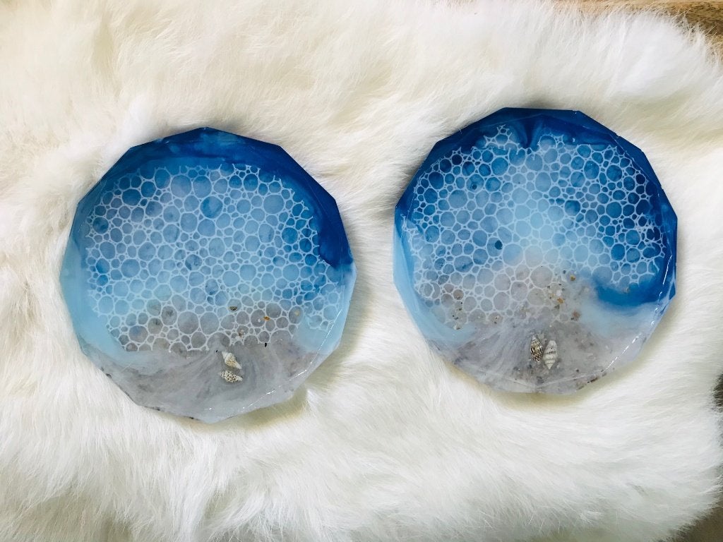 Uniek Zee Oceaan strand blauw onderzetter schelpen Epoxy art, Ophalen, Nieuw