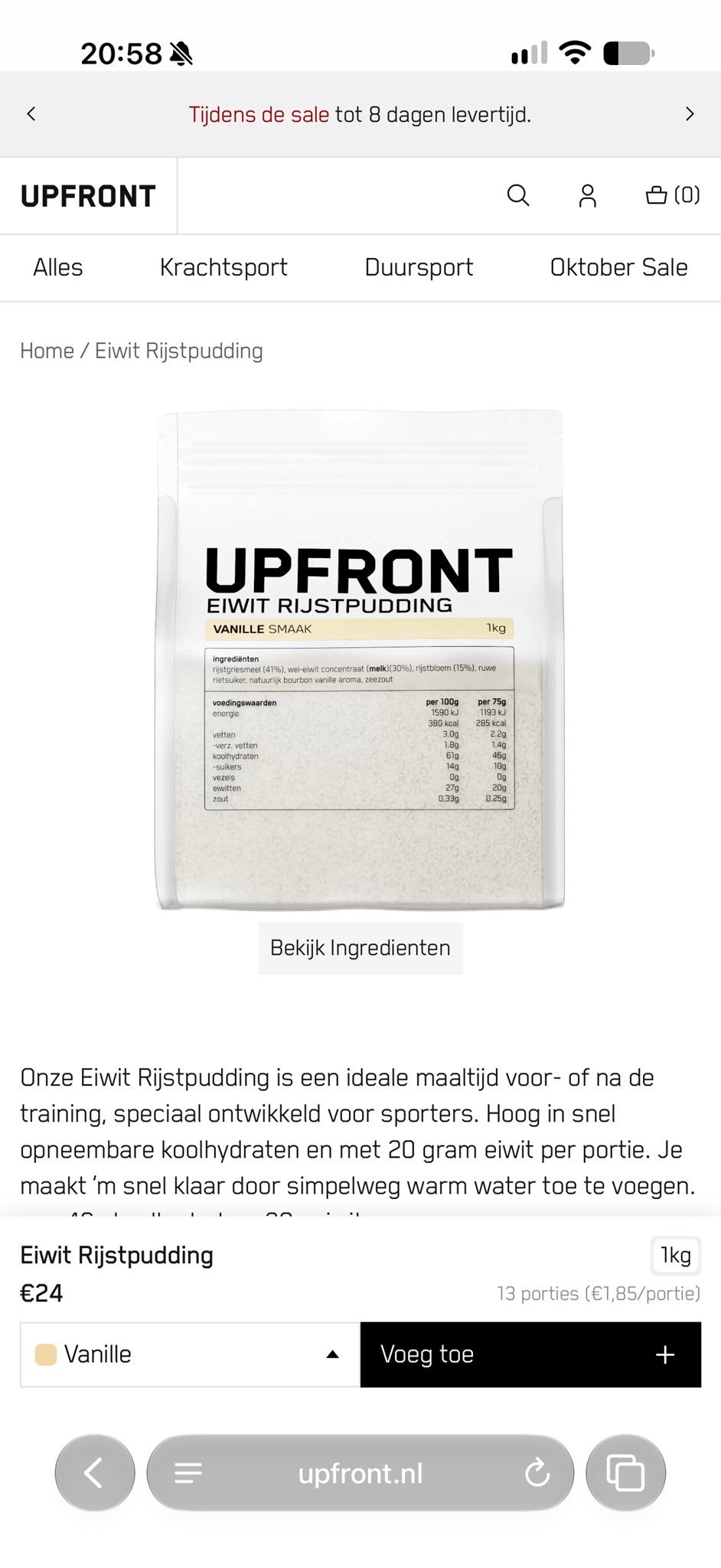UPFRONT Eiwit Rijstpudding Vanille Smaak bijna 1kg, Ophalen of Verzenden