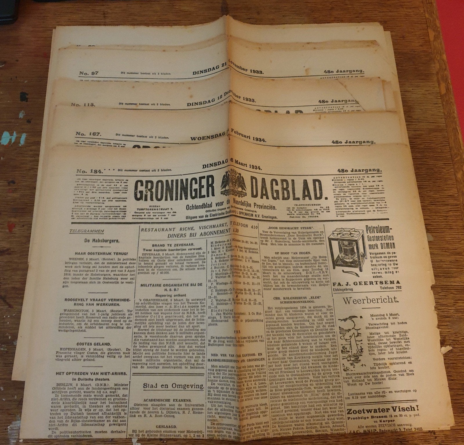 5 exemplaren van het Groninger dagblad tussen 1933 en 1934., Verzamelen, Tijdschriften, Kranten en Knipsels, Ophalen of Verzenden