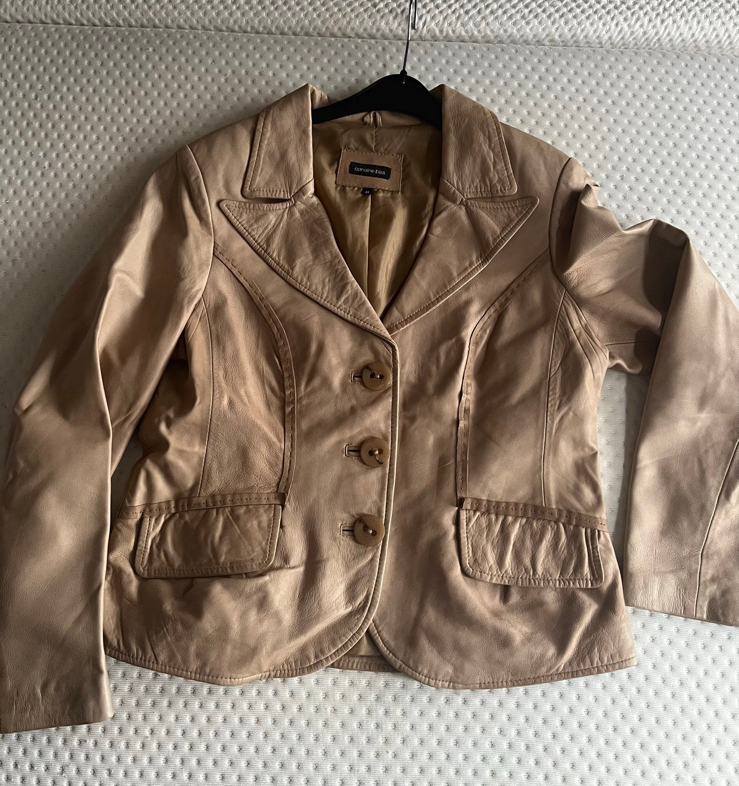 Caroline Biss 44 Vintage Leren Jasje bruin beige jacket jas, Beige, Maat 46/48 (XL) of groter, Ophalen of Verzenden, Zo goed als nieuw