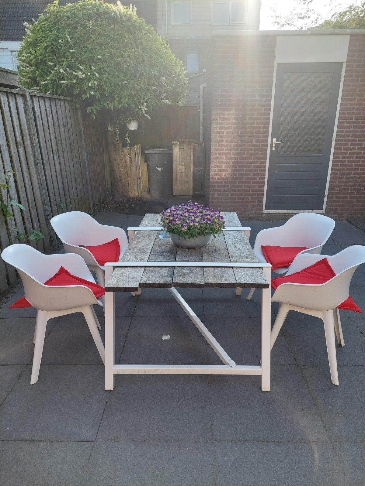 Steigerhouten tuinset met 4 stoelen, Tuin en Terras, Ophalen, Gebruikt, Steigerhout