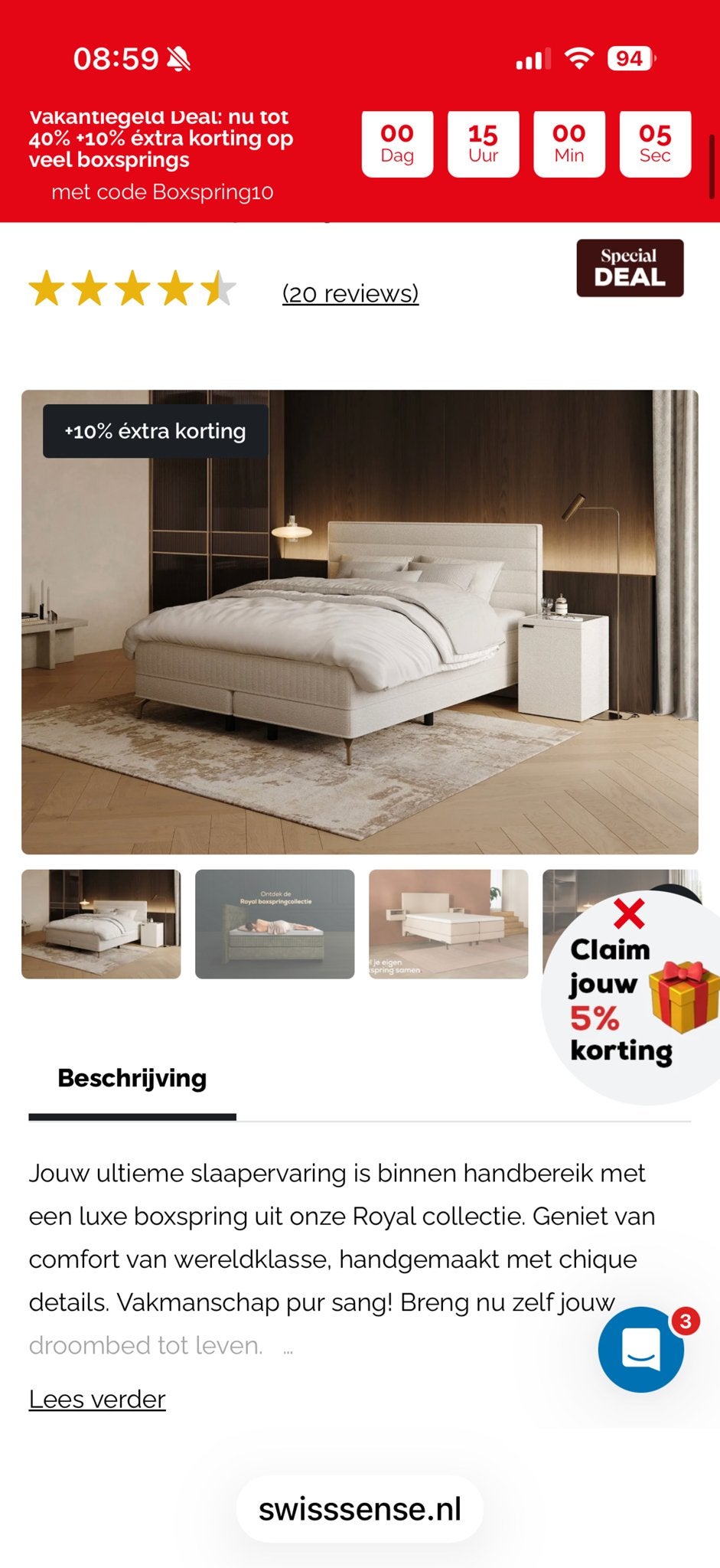 Nieuw Hoofdboard Boxspring Royal Horizon Swiss Sense, Ophalen, 180 cm, Crème, Stof