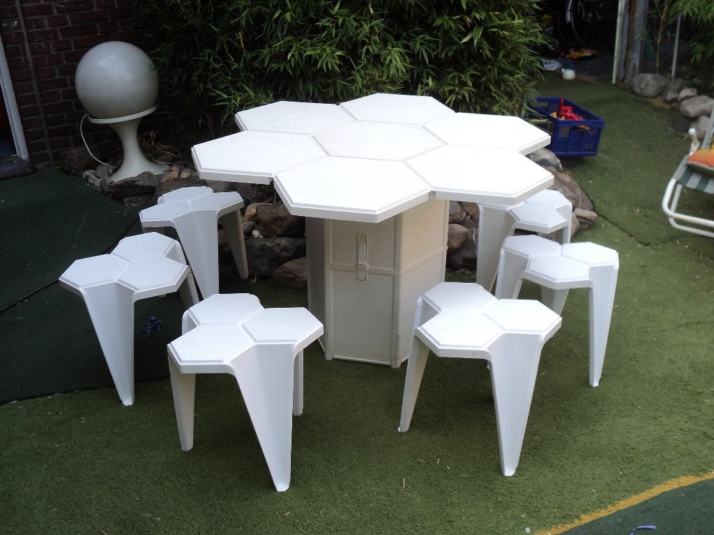 Seventies tuin set hexagoon retro jaren 70 design 1970s, Kunststof, Gebruikt, Eettafel, 6 zitplaatsen