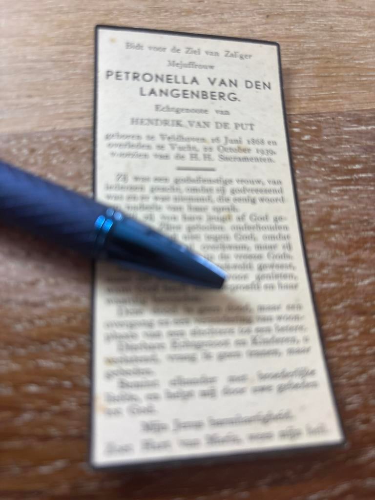 Langenberg vd Petronella 1868 Veldhoven 1939 Vucht x vd Put, Verzamelen, Bidprentjes en Rouwkaarten, Ophalen of Verzenden, Bidprentje