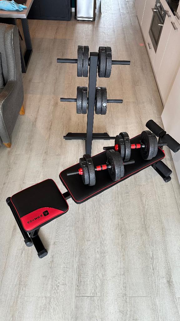 Halterset 30kg + extra gewichtenstandaard + fitnessbankje, Ophalen, Gebruikt, Benen, Halterset