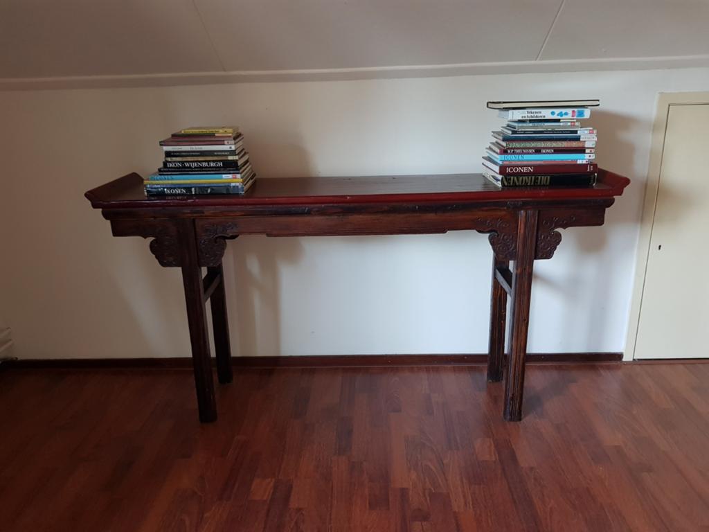 Chinese console tafel, donker hout met snijwerk, Ophalen, Gebruikt, Minder dan 25 cm, Antiek Chinees