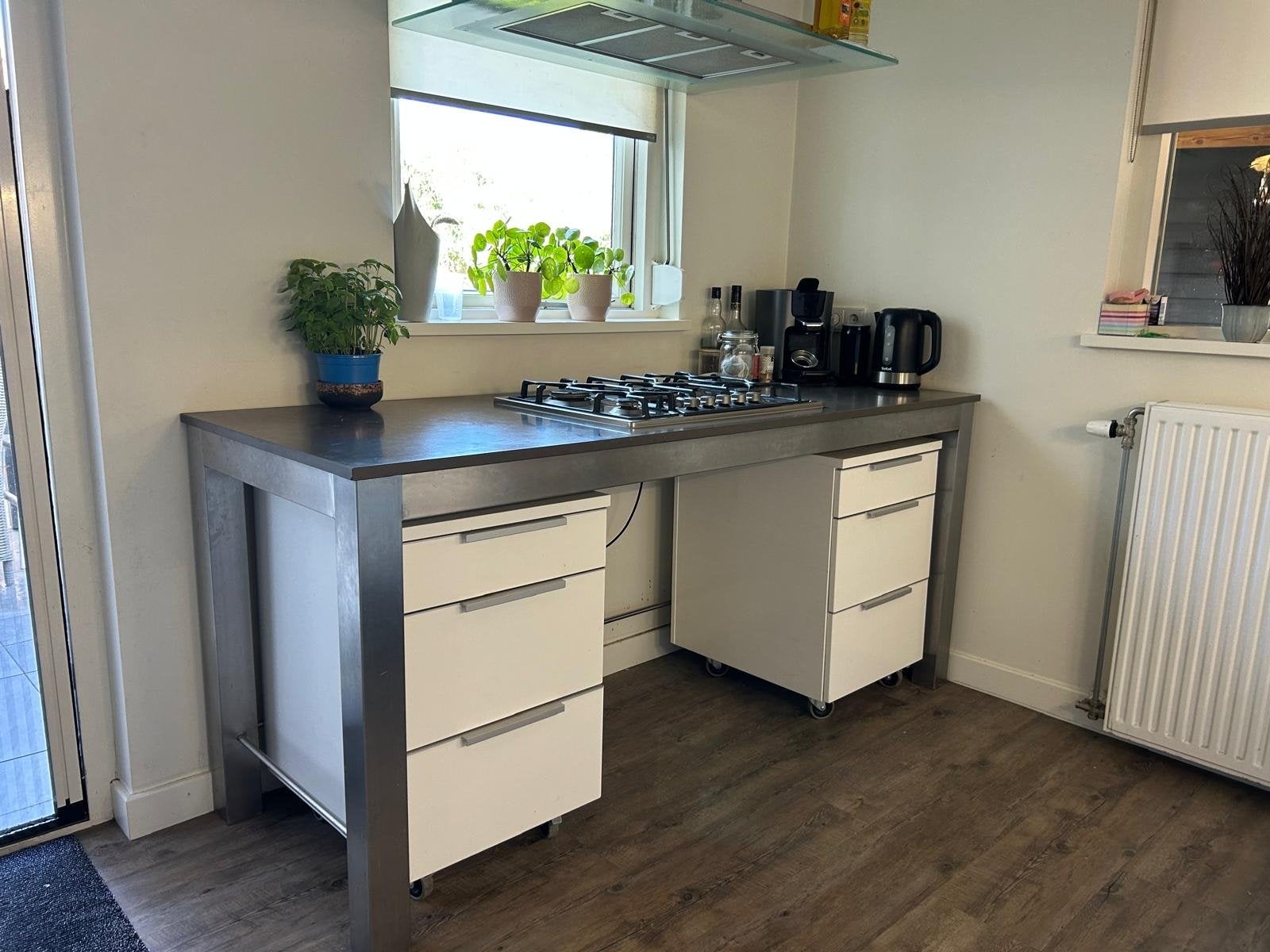 Keukentafel met keramiek blad en 5-pits gasfornuis RVS, Ophalen, Gebruikt, Bruin, 200 cm of meer