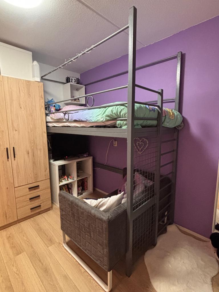 Metalen bed/ hoogslaper met verstelbare lattenbodem, Ophalen, 90 cm, Eenpersoons, 200 cm