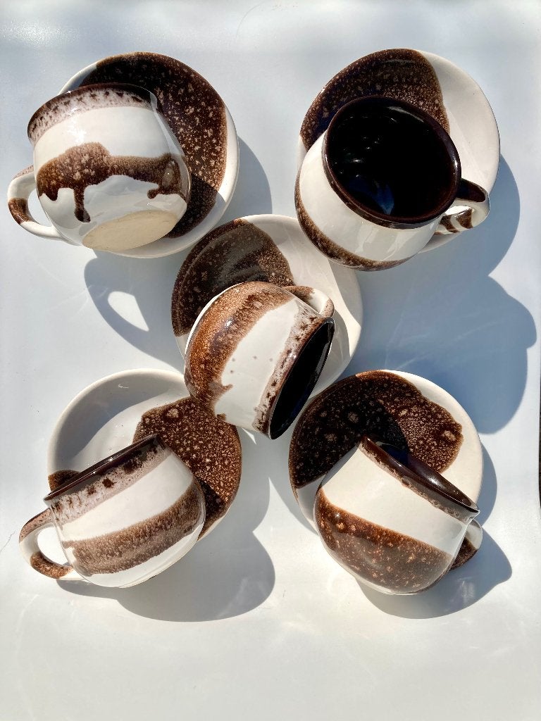 Vintage jaren 70 servies wit bruin gespikkeld kop & schotels, N, N, Ophalen of Verzenden, N